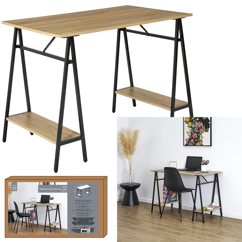 Biurko MEBLIVA Archi 110x60 Loft Z Półkami, Naturalny - Czarny