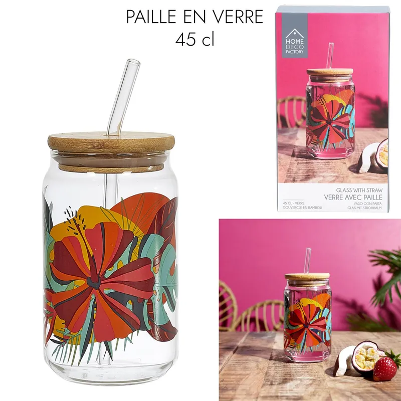 Szklanka MEBLIVA Exotic Paradise 450ml Ze Słomką I Pokrywką - Multikolor