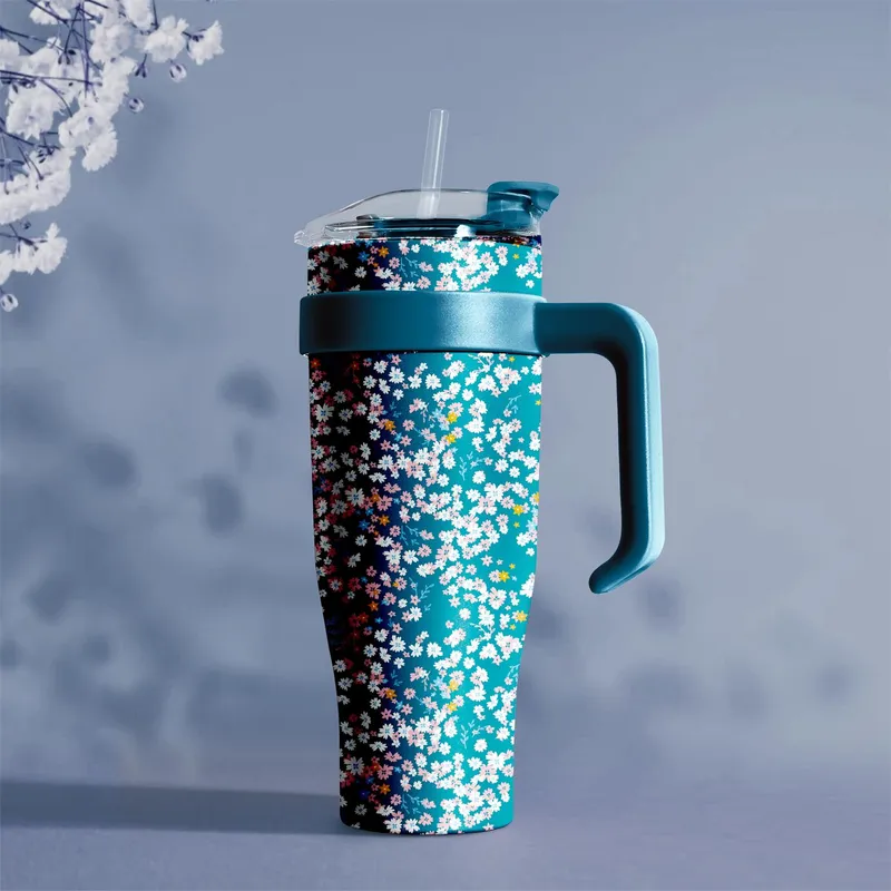 Kubek Termiczny MEBLIVA Miami Floral, Stal Nierdzewna 1200 ml - Niebieski
