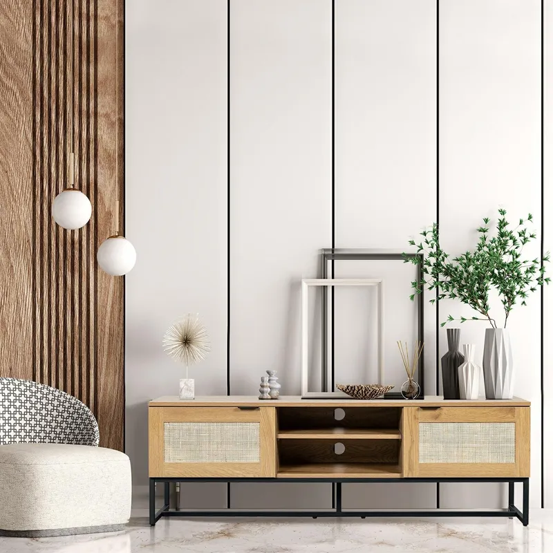 Szafka RTV MEBLIVA Capri 150 cm, Nowoczesna, Rattanowa - Naturalny