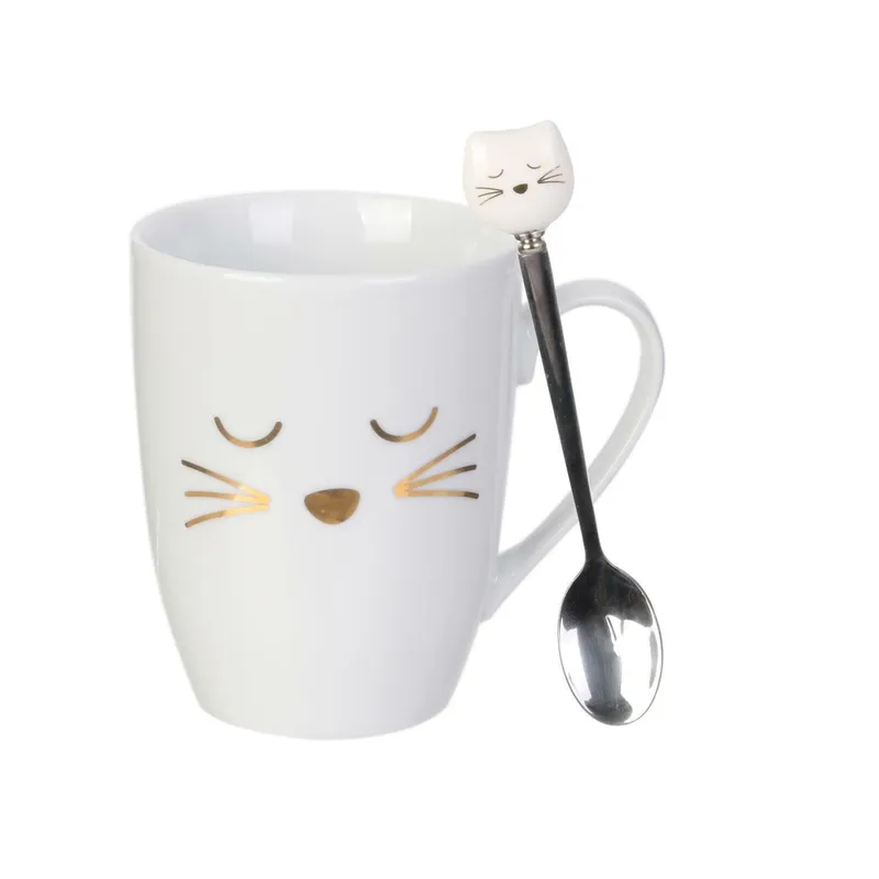 Kubek Kotek MEBLIVA Porcelana Z Łyżeczką 350 ml - Biały