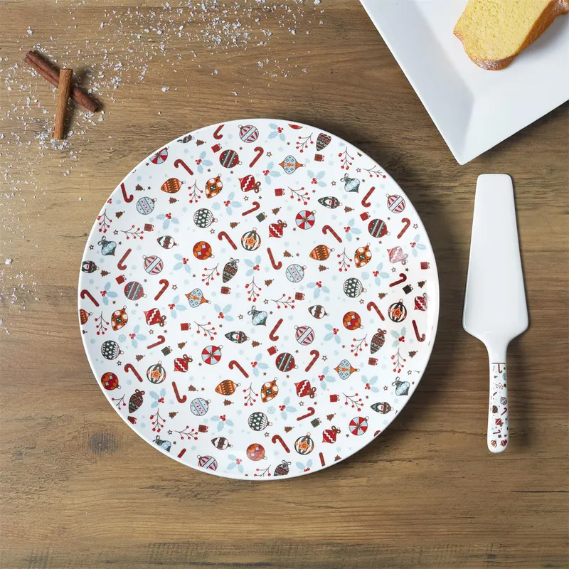 Talerz Na Ciasto Z Łopatką MEBLIVA Świąteczny Ceramika 30cm - Biały