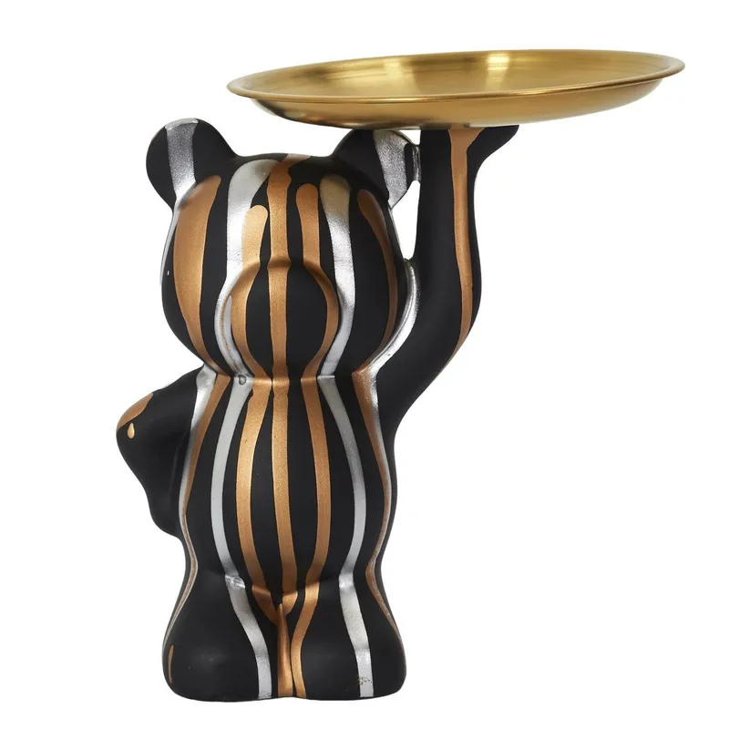 Figurka Dekoracyjna MEBLIVA Deco Bear Z Tacą, Metal, Glamour - Czarna
