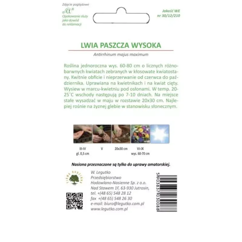 Nasiona Kwiatów Lwia Paszcza Wyżlin Wysoka Barwna Mieszanka GARDIVA 1,5 g