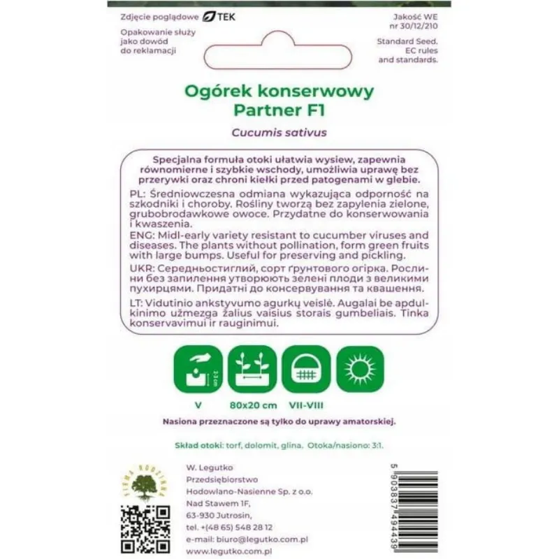Nasiona Ogórek Partner Do Uprawy W Ogrodzie GARDIVA Warzywa Kulinarne
