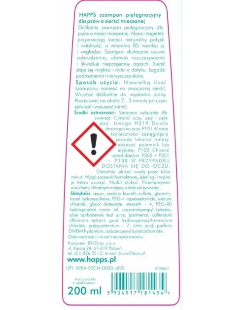 Bros Happs Szampon Pielęgnacyjny Dla Psów O Sierści Mieszanej 200ml