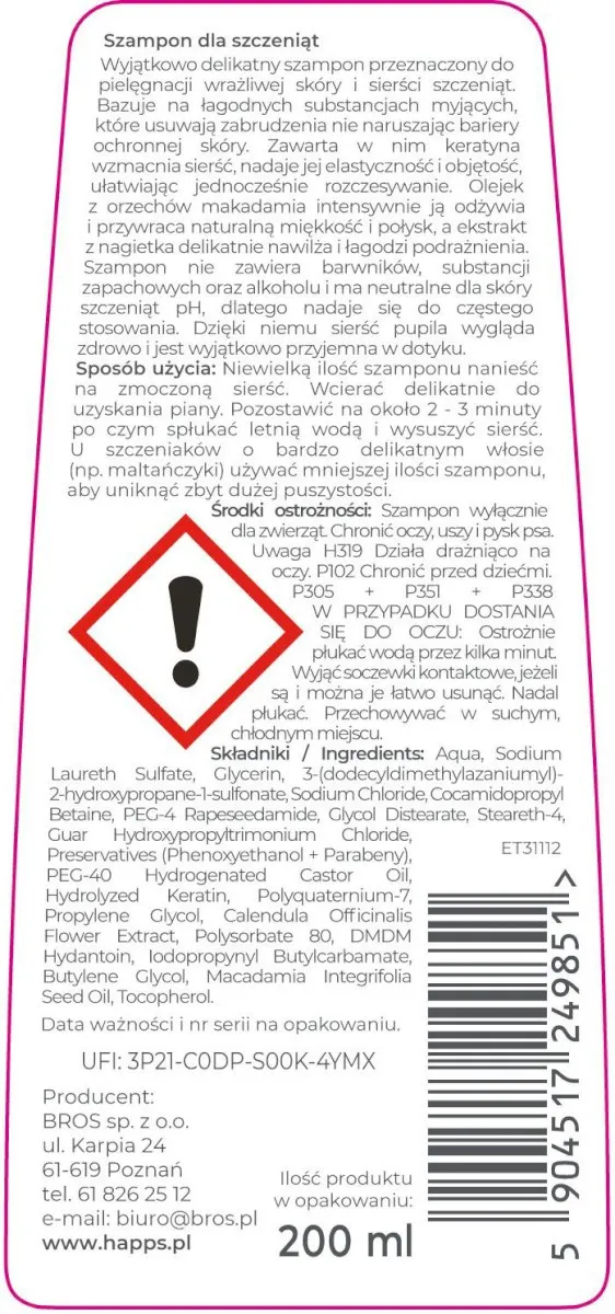 Bros Happs Szampon Pielęgnacyjny Dla Szczeniąt 200ml