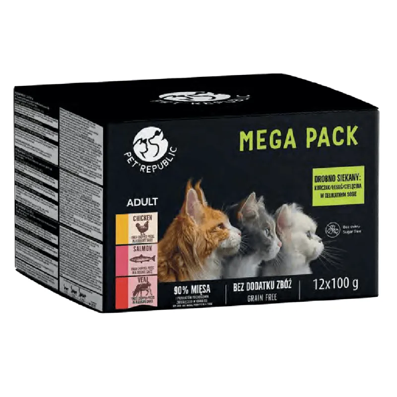 PetRepublic Karma Mokra Dla Kota Kawałki W Delikatnym Sosie MIX 3 Smaków 12x100g