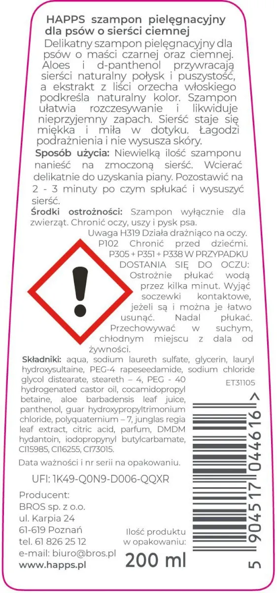 Bros Happs Szampon Pielęgnacyjny Dla Psów O Sierści Ciemnej 200ml