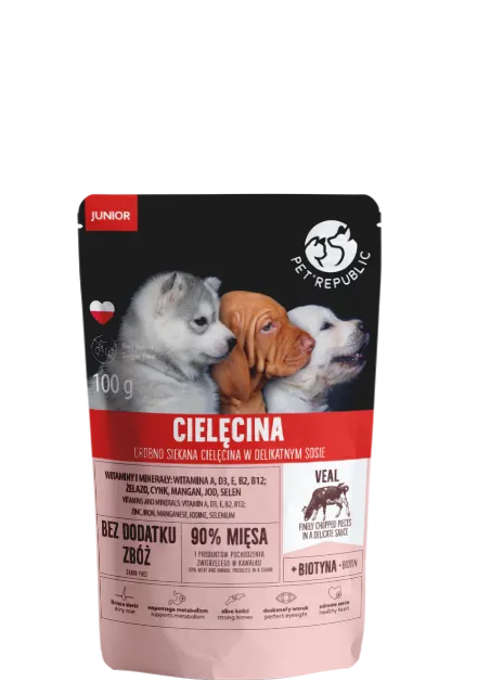 PetRepublic JUNIOR Drobno Siekane Kawałki W Delikatnym Sosie - Cielęcina 100g Dla Psa