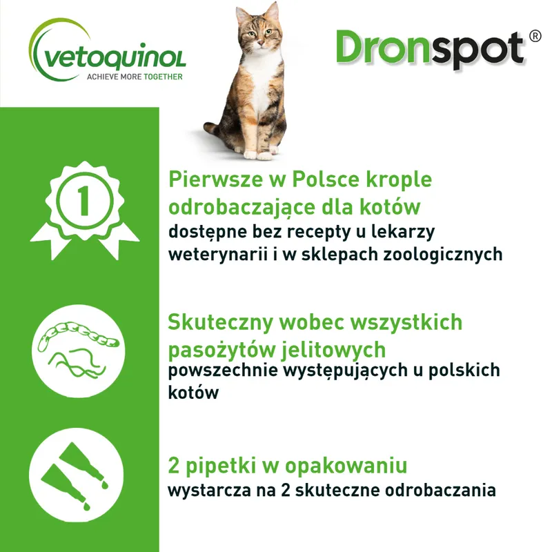 VETOQUINOL Dronspot Krople Odrobaczające Spot-On Dla Dużych Kotów 5-8 kg (2 x 1,12 Ml)