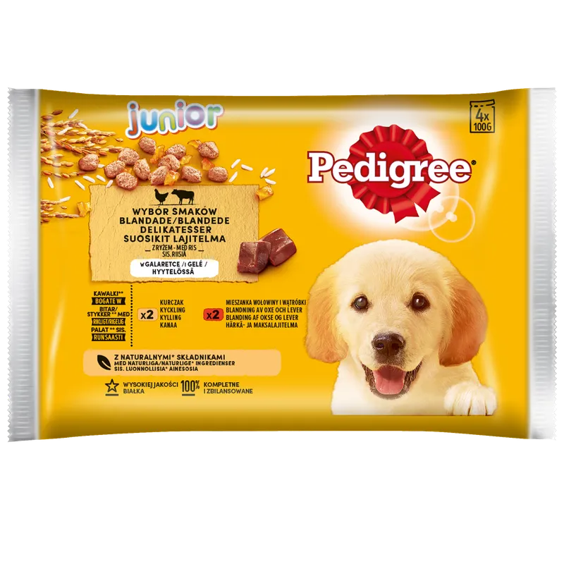 Pedigree Mokra Karma Dla Szczeniąt W Galaretce (Z Kurczakiem I Ryżem, Z Wołowiną I Ryżem) 4x100g
