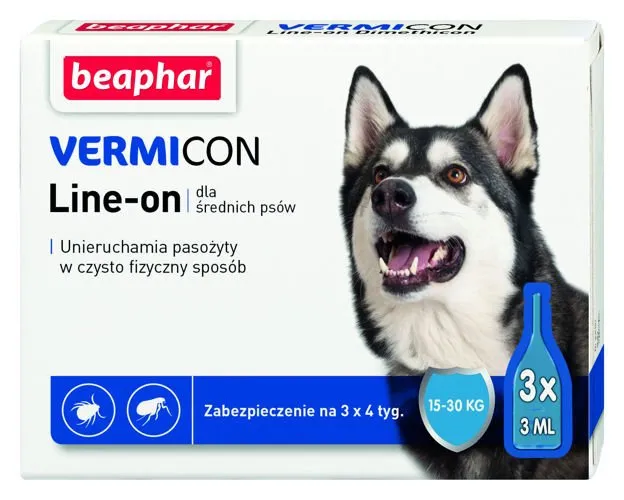 BEAPHAR Vermicon Line-On Dog M Krople Przeciwko Ektopasożytom Dla Psów 15-30KG 3x3ml