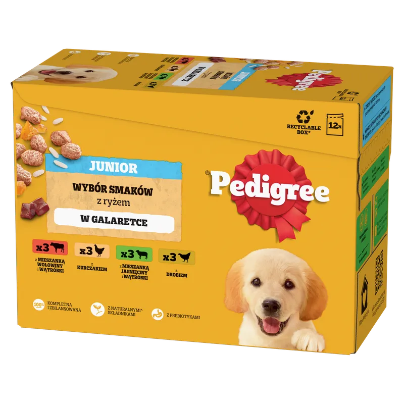 Pedigree Mokra Karma Dla Szczeniąt Mix Smaków Kurczak Z Ryżem, Jagnięcina Z Ryżem, Drób Z Ryżem I Wołowina Z Ryżem W Galaretce 12x100g