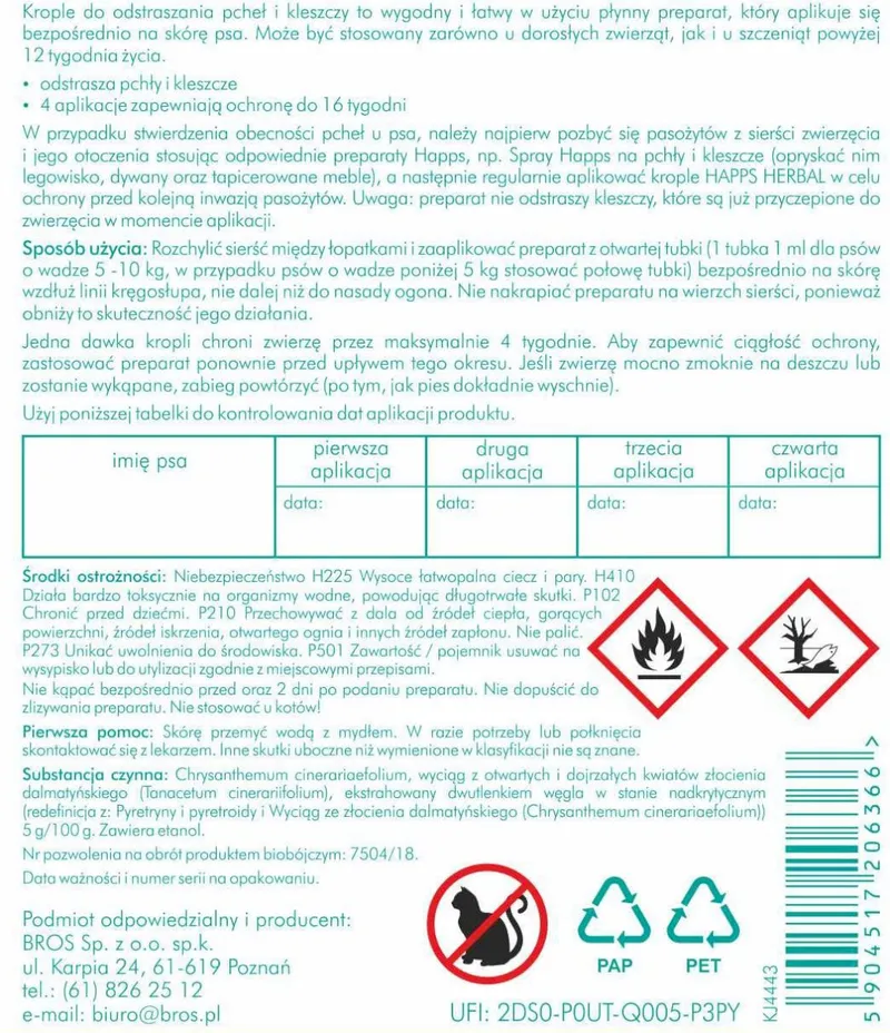 Bros Happs Herbal Krople Na Pchły I Kleszcze Dla Małych Psów 4 Tubki