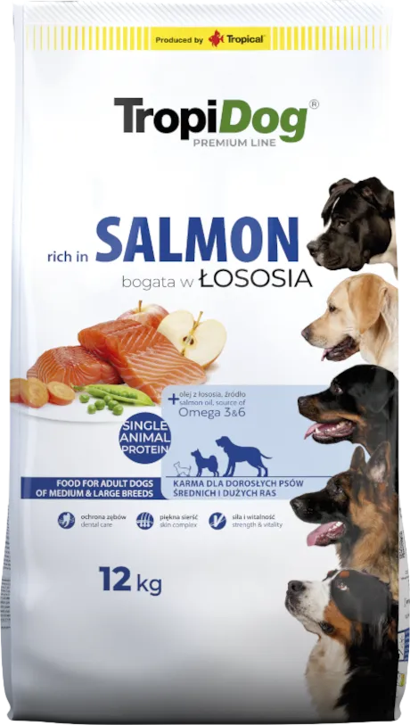 Tropidog Premium Adult Medium & Large Breeds Łosoś Z Ryżem 12kg