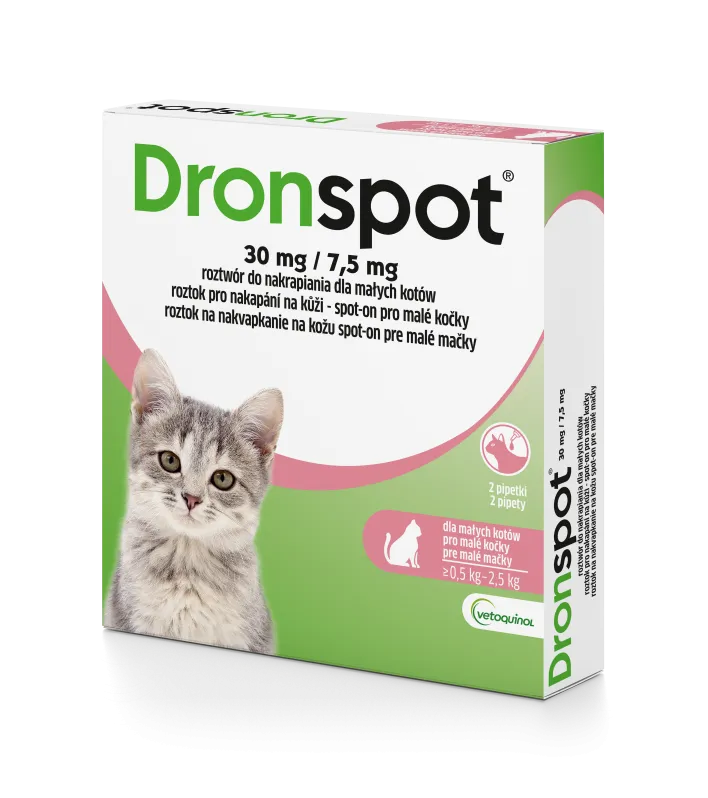 Vetoquinol Dronspot Roztwór Do Nakrapiania Dla Małych Kotów 0,5–2,5 kg 30 MG/7,5 Mg 2x0,35 ml