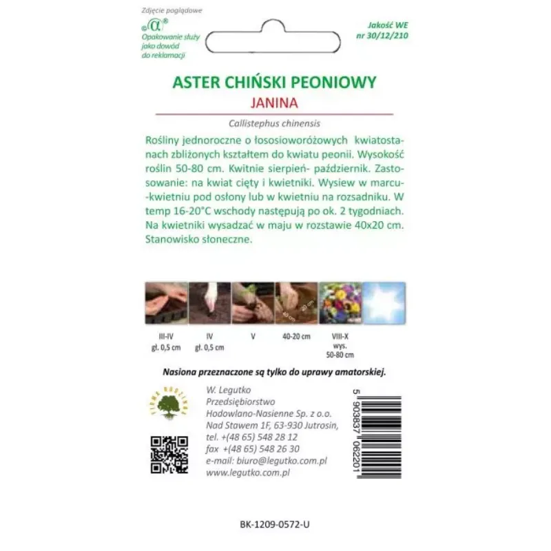 Nasiona Aster Chiński Peoniowy Janina Łososiowy GARDIVA 1,5 g