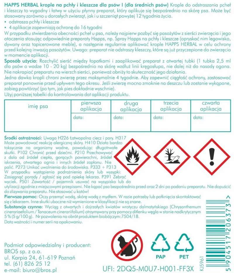 Bros Happs Herbal Krople Na Pchły I Kleszcze Dla Średnich Psów 4 Tubki