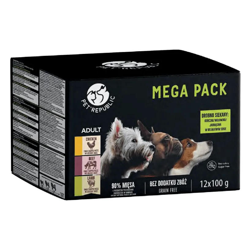 PetRepublic Karma Mokra Dla Psów Małych Ras Kawałki W Delikatnym Sosie MIX 3 Smaków 12x100g
