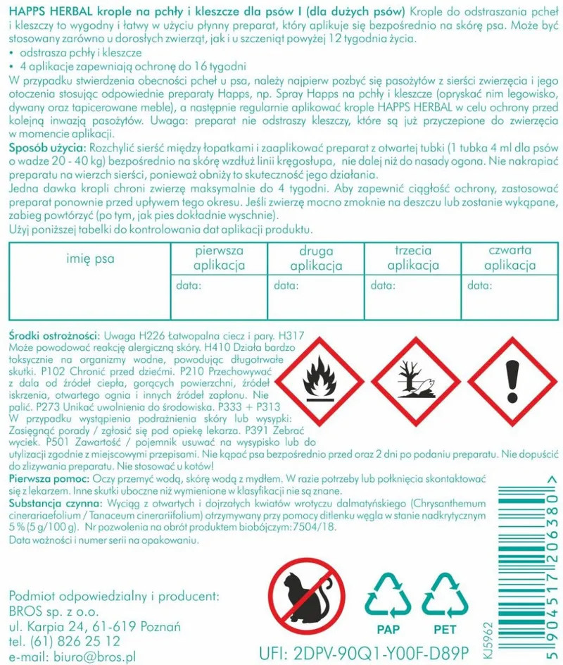 Bros Happs Herbal Krople Na Pchły I Kleszcze Dla Dużych Psów 4 Tubki