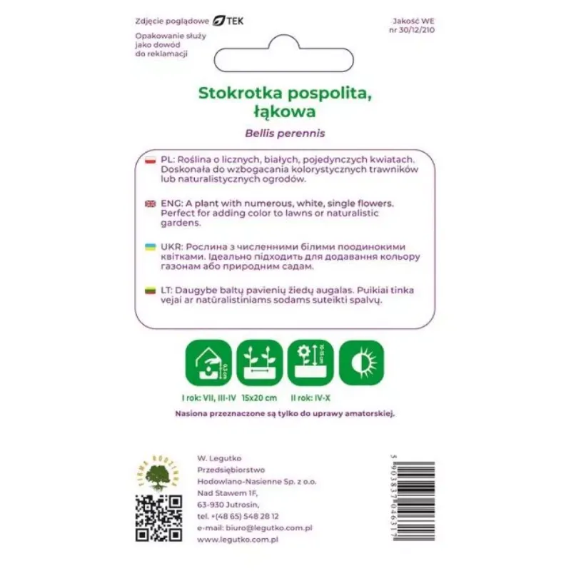 Nasiona Stokrotka Pospolita Łąkowa Roślina Ogrodowa GARDIVA 0,2 g - Biała