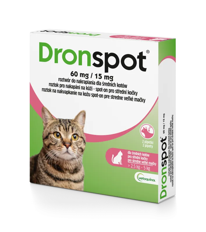 VETOQUINOL Dronspot Krople Odrobaczające Spot-On Dla Średnich Kotów 2,5-5 kg (2 x 0,7 Ml)