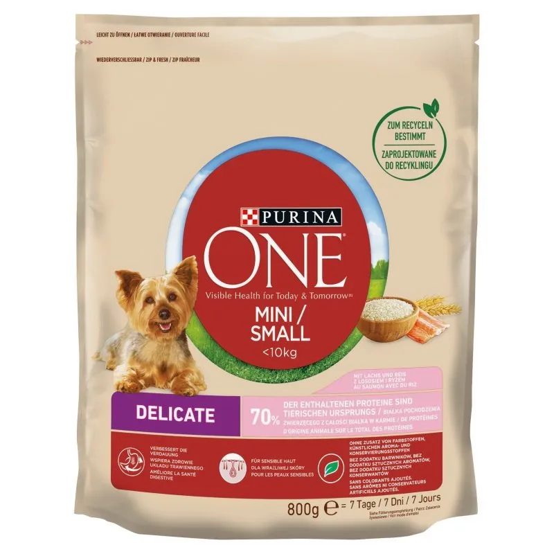 PURINA ONE Mini Delicate Łosoś, Ryż - Sucha Karma Dla Psa - 800 g