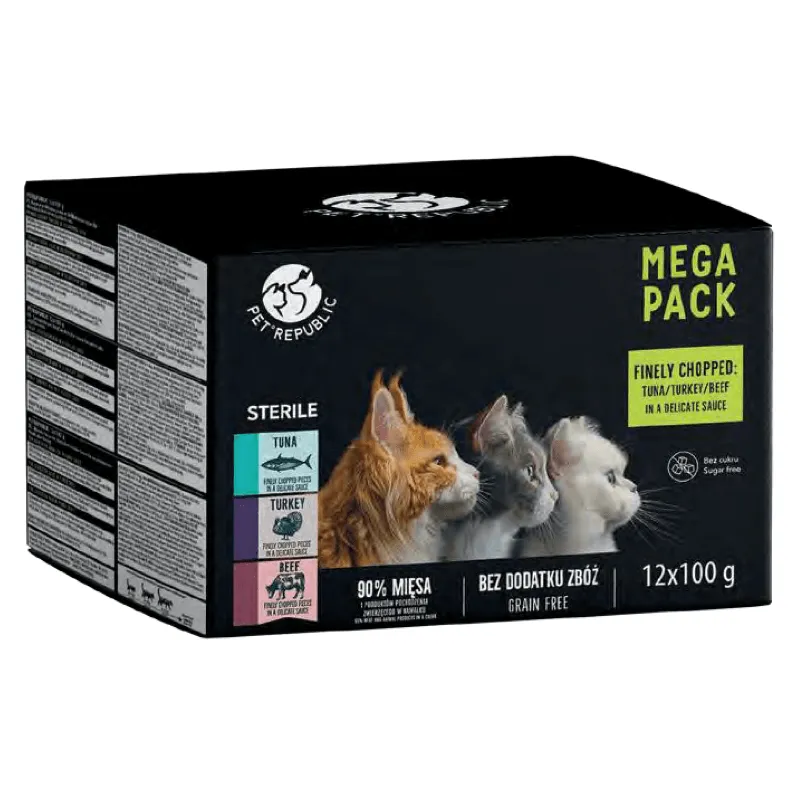 PetRepublic Karma Mokra Dla Kota Po Sterylizacji Kawałki W Delikatnym Sosie MIX 3 Smaków 12x100g