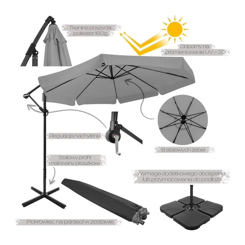 Składany Parasol Ogrodowy 350 cm XXL Z Pokrowcem GARDIVA - Grafitowy