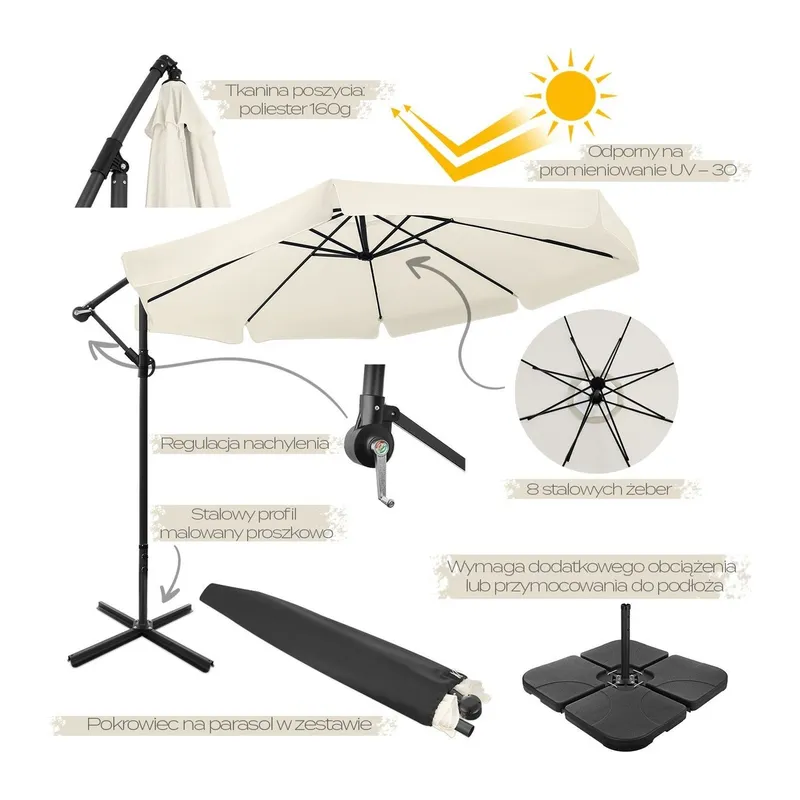 Składany Parasol Ogrodowy 350 cm XXL Z Pokrowcem GARDIVA - Beżowy