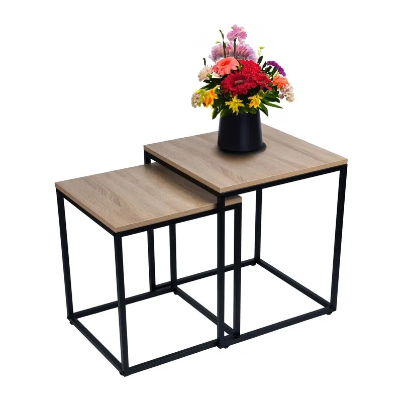 Komplet 2 Stolików Kawowych Kwadratowych 2w1 Loft Dąb Jasny MEBLIVA
