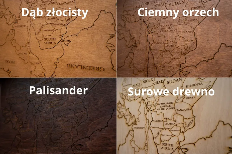 Drewniana Mapa Świata Z Granicami I Nazwami Państw, 4 Kolory