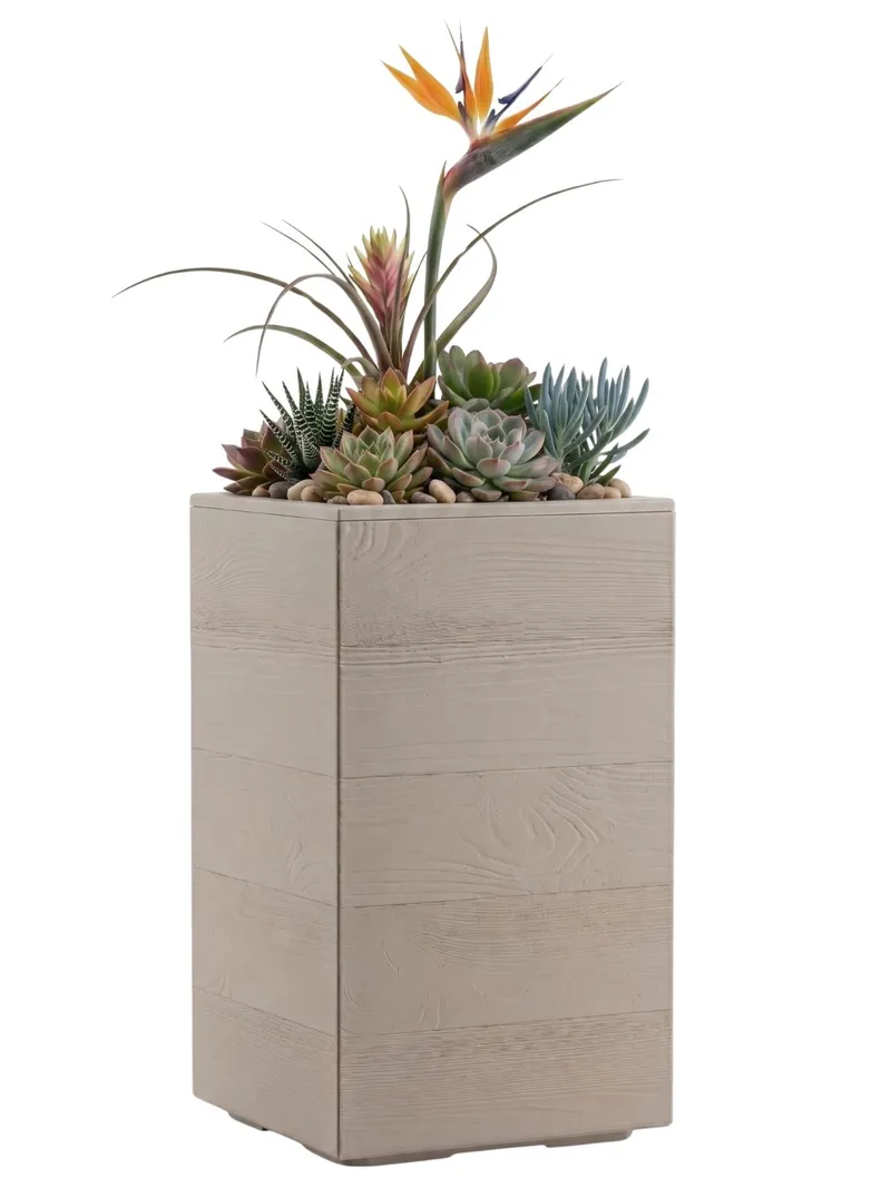 Donica Betonique Na Kółkach Deska Recykling Beż 30X30XH60 cm