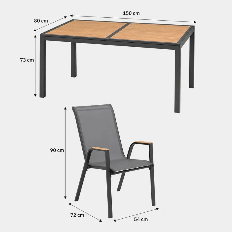 Zestaw Mebli Ogrodowych 7w1 Stół 150 cm 6 Krzeseł Grafit Drewno Taras Ogród