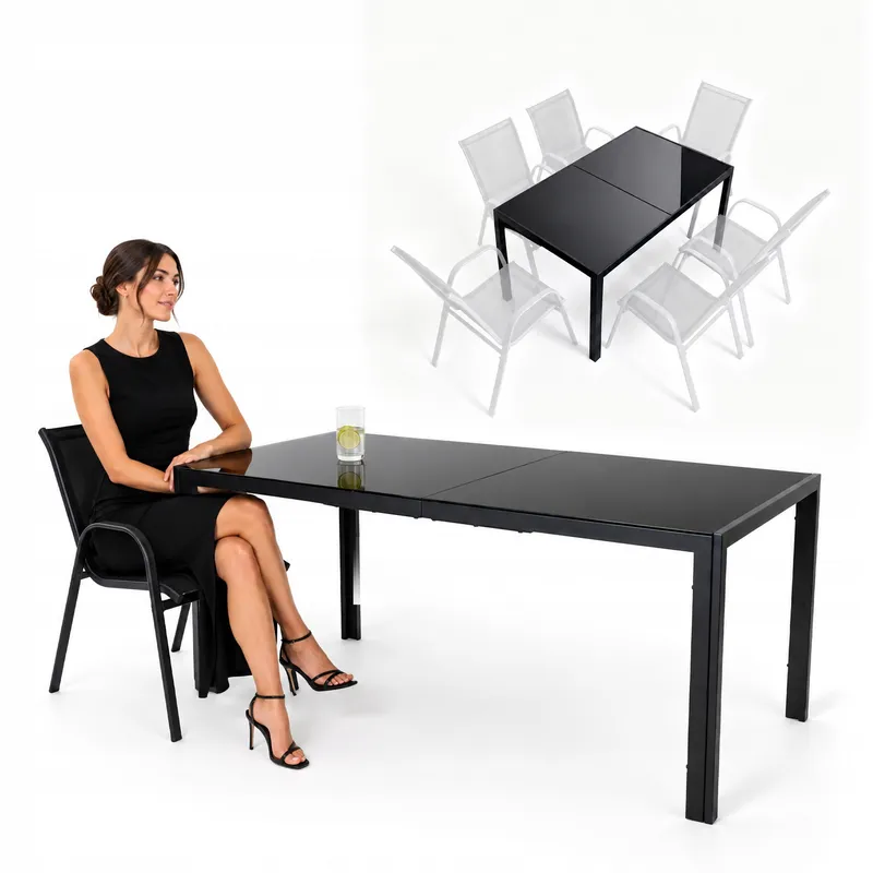 Stół Ogrodowy Tarasowy 150x90 cm Szklany Blat Hartowany Metalowy - Czarny