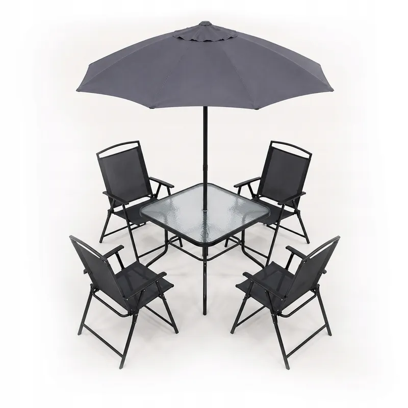 Zestaw Mebli Ogrodowych 6 Stół 4 Krzesła Parasol Taras Balkon Ogród - Czarny