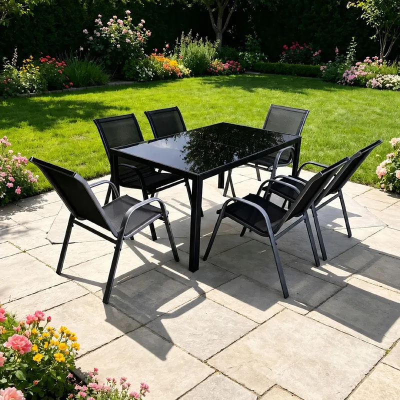 Stół Ogrodowy Tarasowy 150x90 cm Szklany Blat Hartowany Metalowy - Czarny