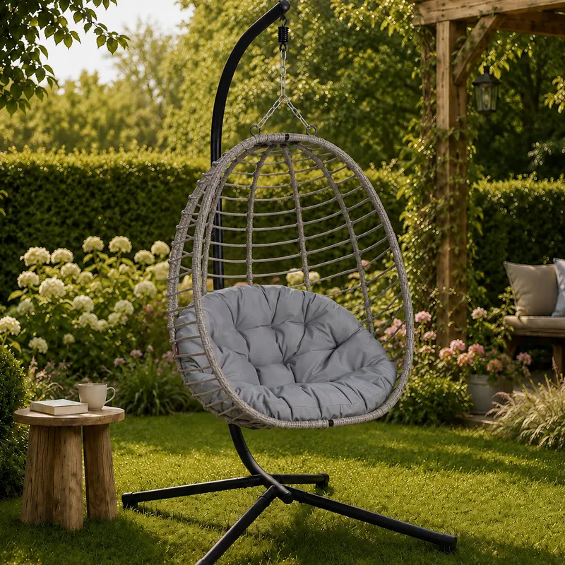 Fotel Wiszący Bujany Ogrodowy Kosz Huśtawka Jajo Kokon Premium + Poduszki