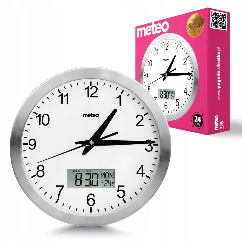 Zegar Ścienny METEO ZP8 Z Termometrem I Datownikiem LCD Aluminiowy