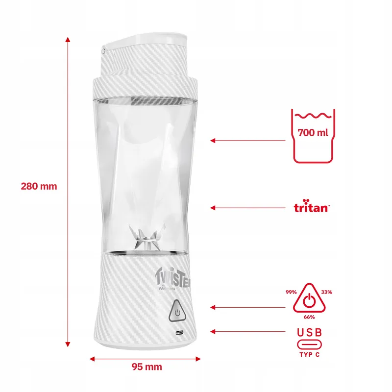 Blender Personalny Bezprzewodowy Przenośny Twister 370W 700ml USB-C