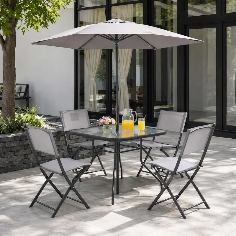 Zestaw Mebli Ogrodowych 6w1 Stół 4 Krzesła Parasol Taras Balkon Ogród - Szary