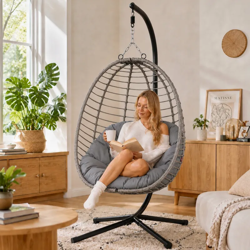 Fotel Wiszący Bujany Ogrodowy Kosz Huśtawka Jajo Kokon Premium + Poduszki