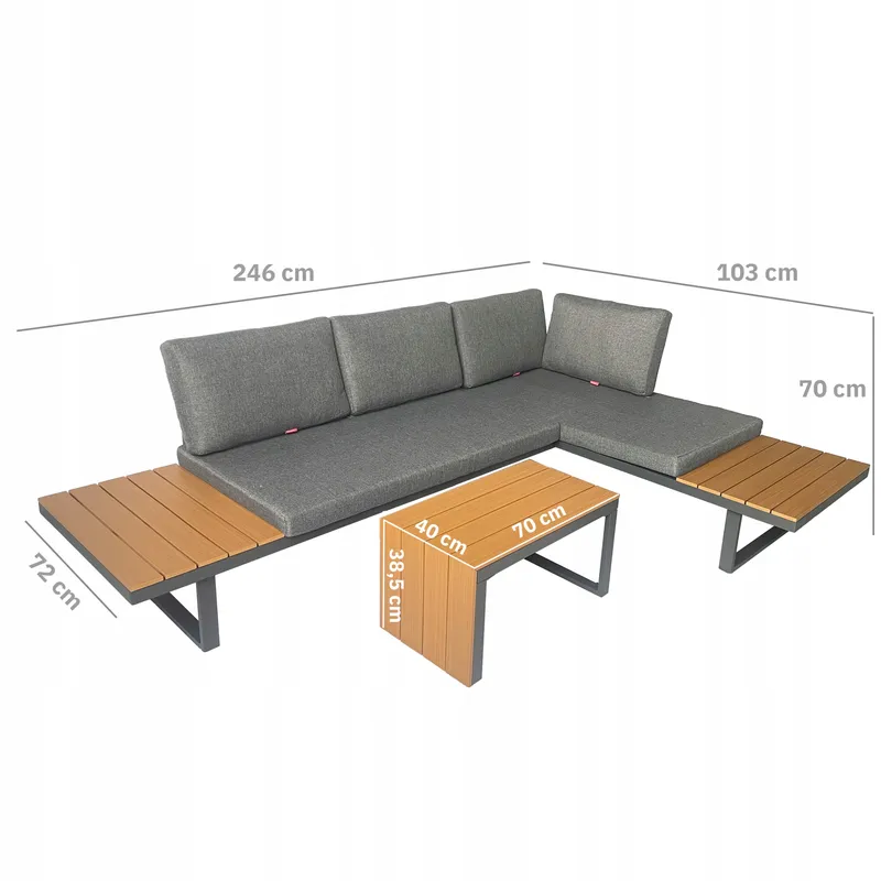 ZESTAW MEBLI OGRODOWYCH Narożnik Sofa Stolik LEKKI Komplet Gród ALUMINIUM