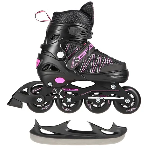 NH11912 A 2w1 Black/Pink Rozm. S(31-34) Łyżworolki Z Wym. Pł. Hokejową NILS Extreme
