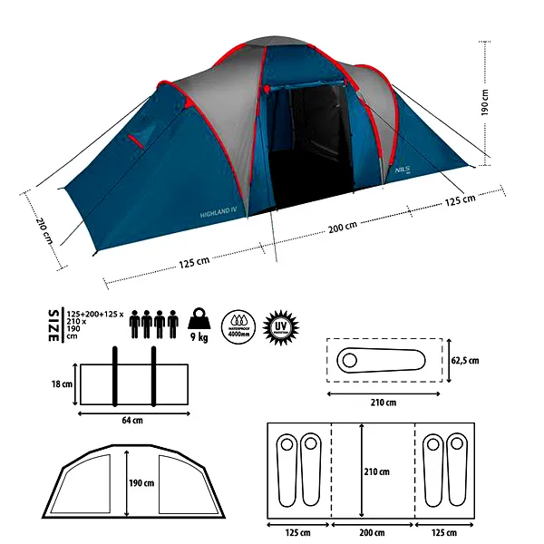 NC6431 Namiot Kempingowy Niebieski-Jasno Highland IV NILS Camp - Szary