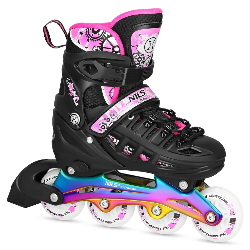 NH10905 4w1 Łyżworolki LED Z Wym. Płozą Hokejową Rainbow Rozm. S(31-34) NILS Extreme - Różowe