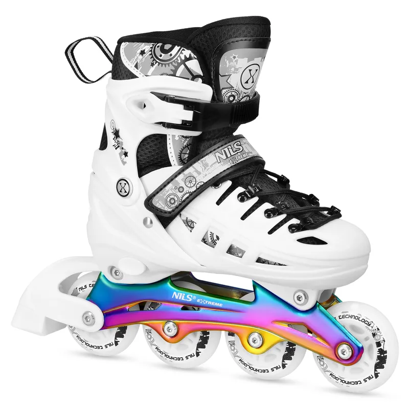 NH10905 4w1 Łyżworolki LED Z Wym. Płozą Hokejową Rainbow Rozm. S(31-34) NILS Extreme - Białe