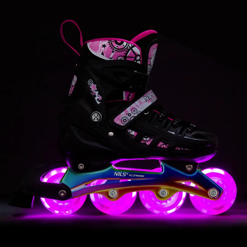NH10905 4w1 Łyżworolki LED Z Wym. Płozą Hokejową Rainbow Rozm. L(39-42) NILS Extreme - Różowe
