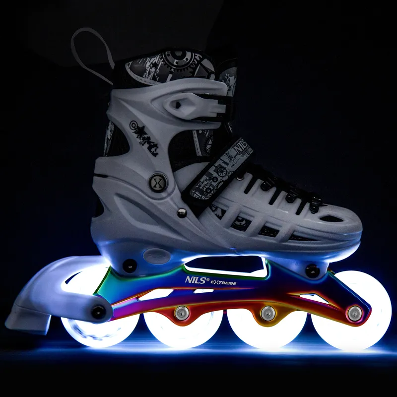 NH10905 4w1 Łyżworolki LED Z Wym. Płozą Hokejową Rainbow Rozm. M(35-38) NILS Extreme - Białe